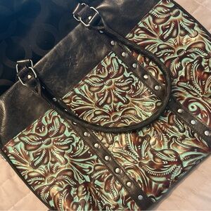 Patricia Nash Brown and Turquoise Shoulder Bag